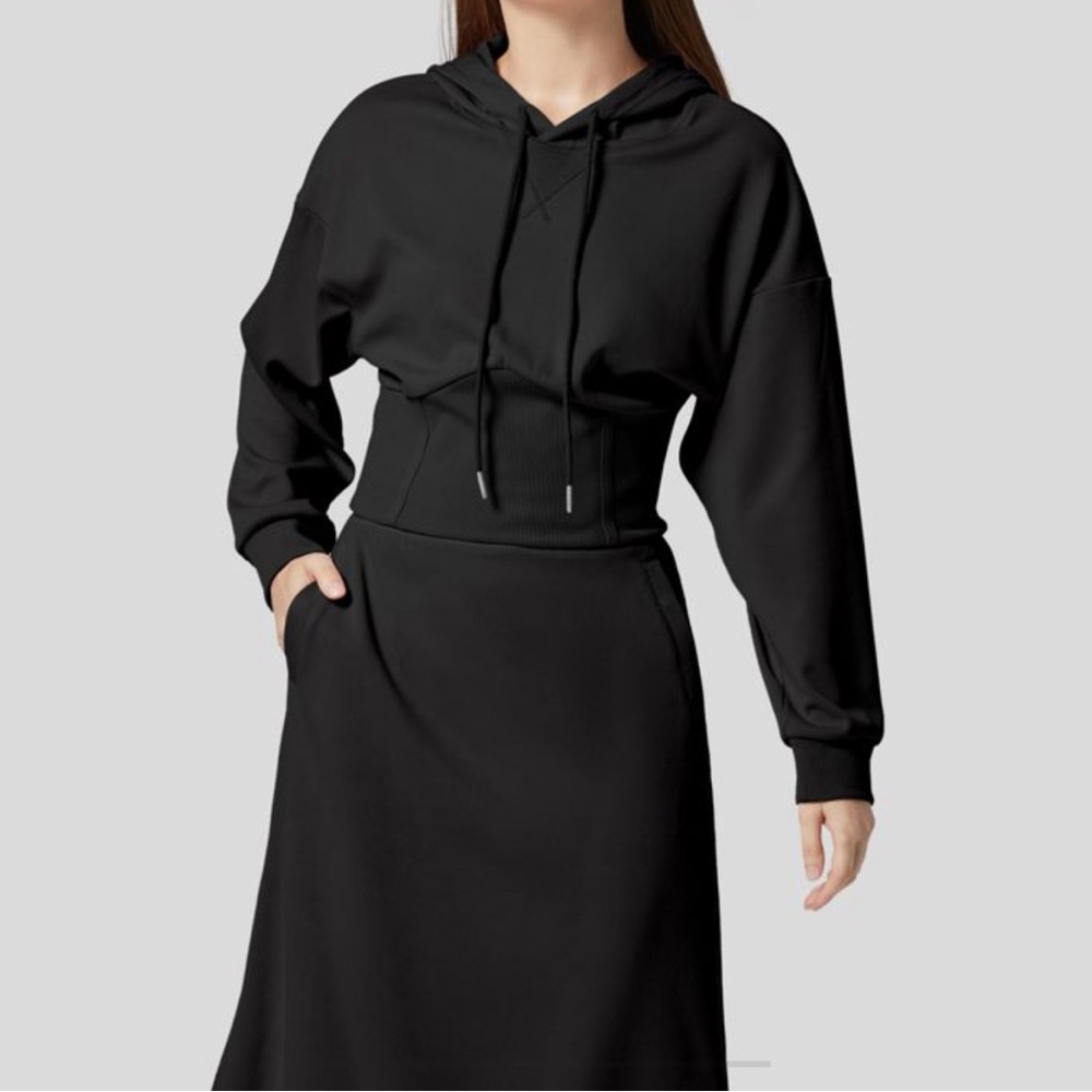 Ribbed Hooded Drawstring Dropped Shoulder Corset Casual Sweatshirt